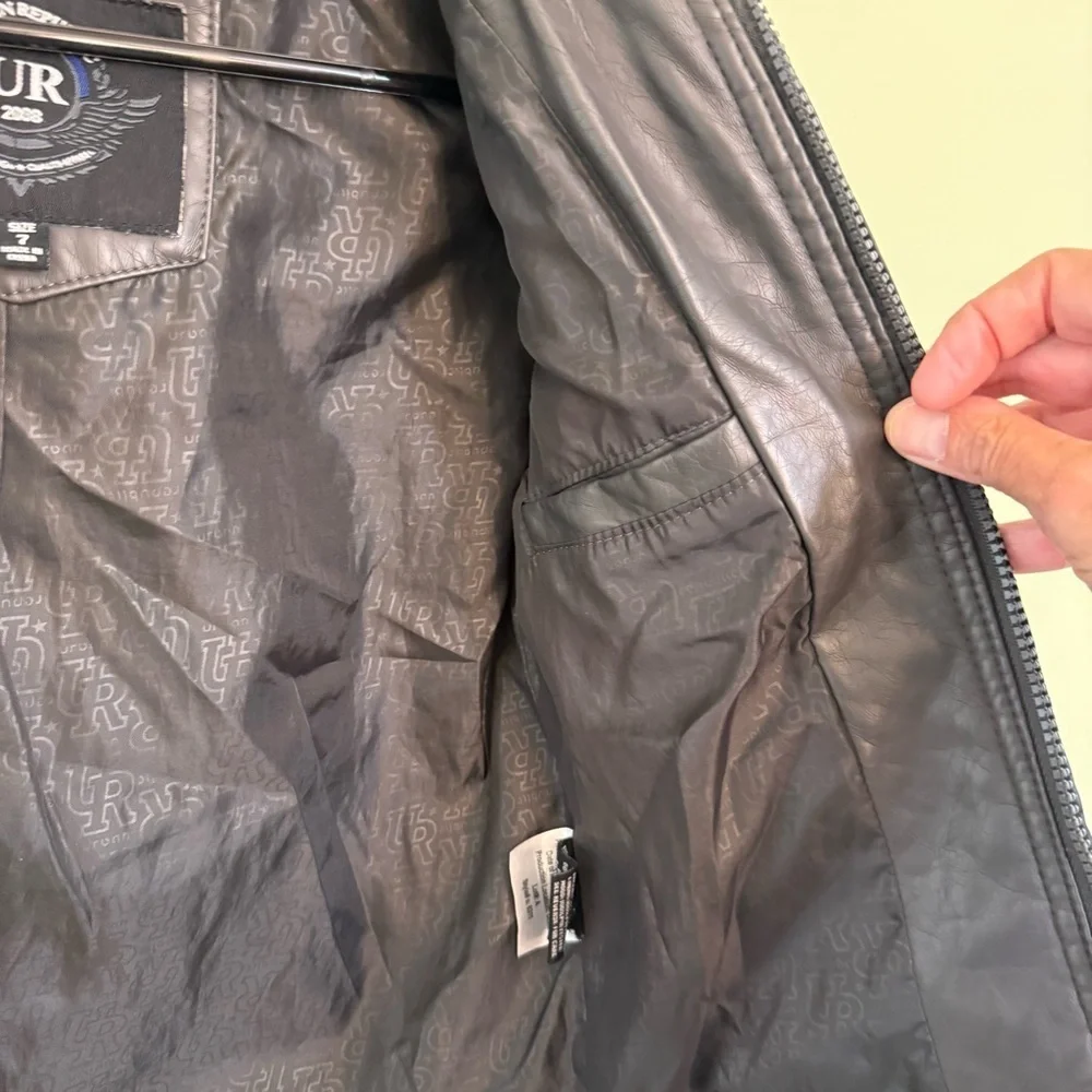 Urban Republic Kids Gray and Black faux leather Jacket youth size 7 hooded